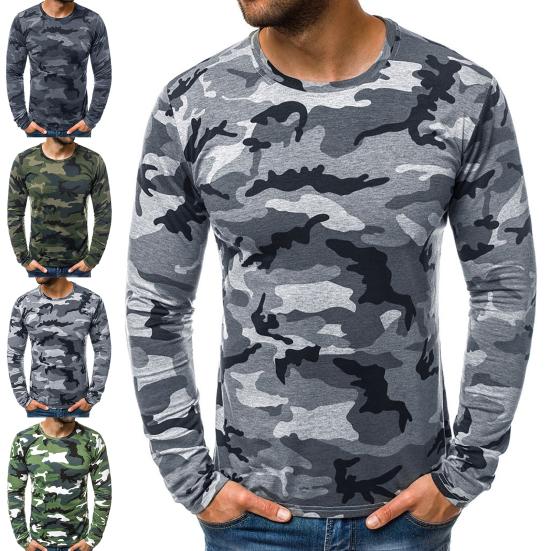 Jiawei Herenoverhemd Camouflage ronde hals Casual slank lange mouw All Match herfstoverhemd voor dagelijks gebruik M zwart