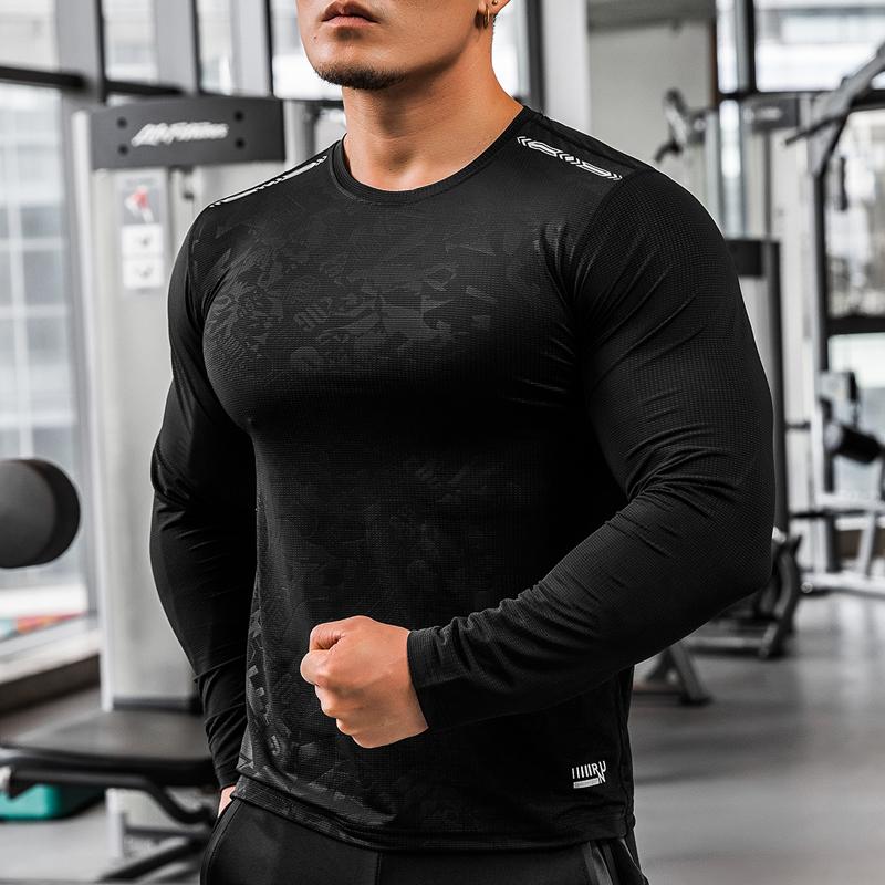 Shedao Pro Fitness Sporting Heren Sportkleding Gym T-Shirts Lange Mouw Compressie Sneldrogende Hardloopshirts Ronde Hals Sport Top M zwart