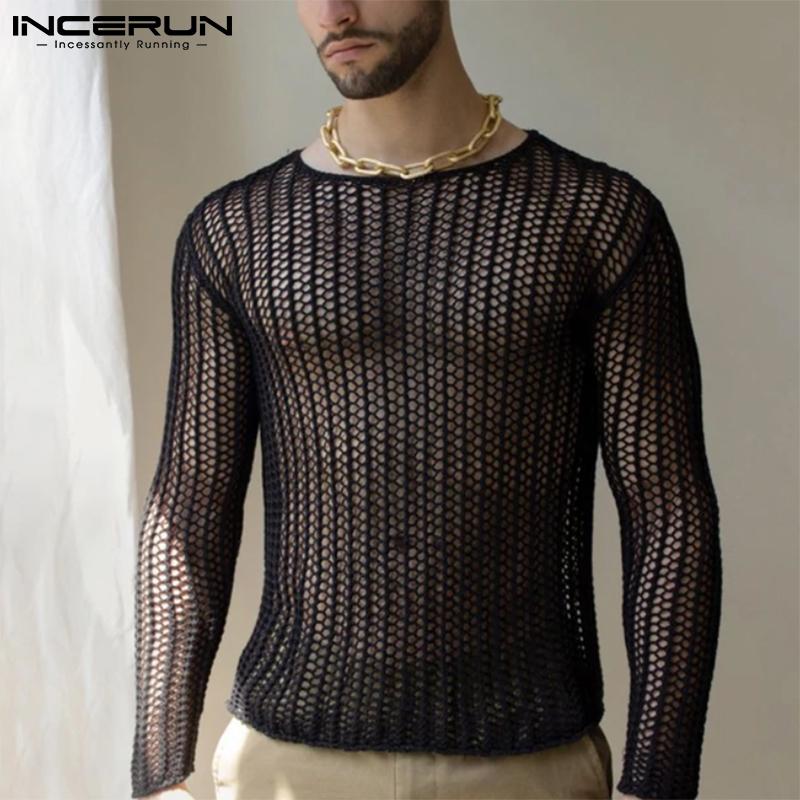 INCERUN Spring Mens Fashion Mesh Sexy Tops Night Wear Lange Mouwen Transparante O-hals Clubwear Slim Blouse S-5XL S zwart