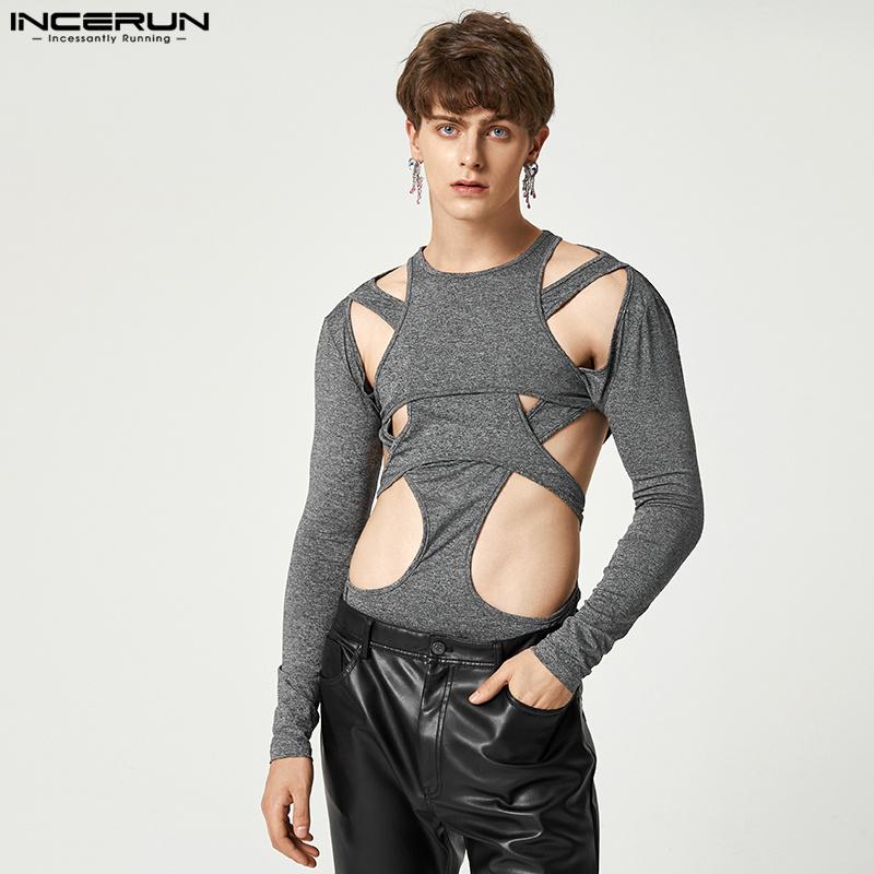 INCERUN Lente heren uitgehold lange mouwen slim fit slips ondergoed bodysuit 3XL zwart