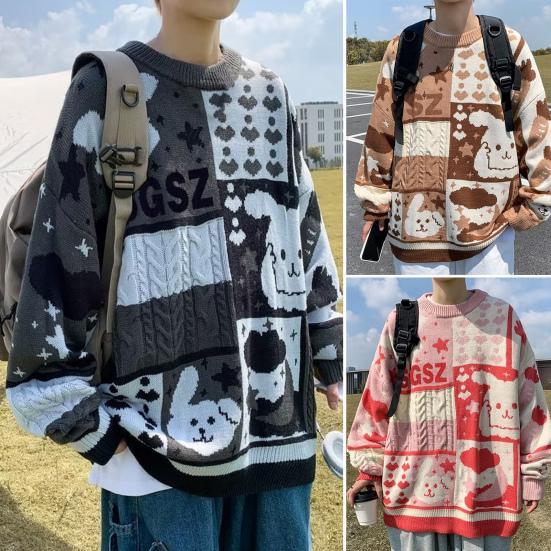 Tianhangyuan mannen pullover trui losse stiksels ronde hals houden warm schattig konijn print Japanse Vintage paar gebreide trui mannen accessoire 2XL zwart