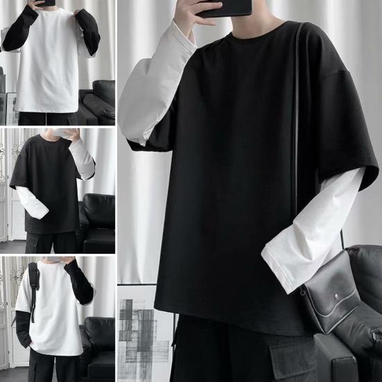 Tianhangyuan Mannen T-shirt Fake Two Piece Round Neck Long Sleeve Contrast Color Pullover Spring Loose Patchwork Bottoming Shirt Streetwear 2XL wit