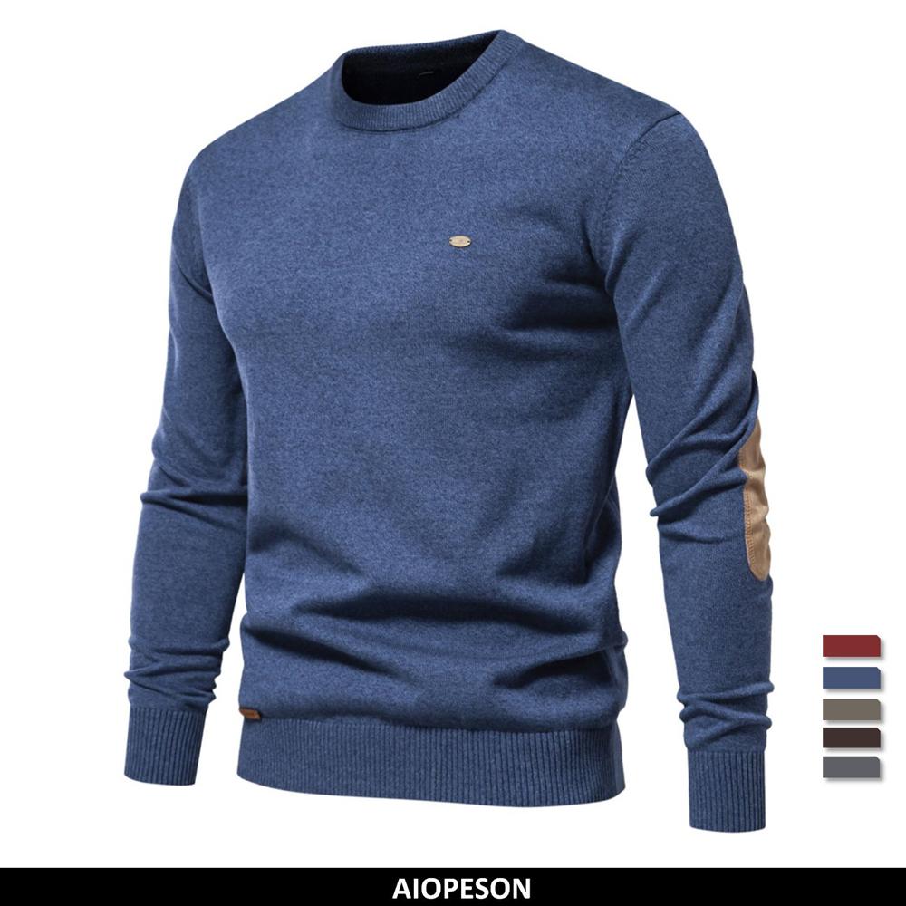 AIOPESON Men Fashion 2023 Nieuwe Herfst Katoenen Trui voor Heren O Hals Patchwork Mouw Truien Heren Effen Kleur Warme Winter Heren Truien S 55-65 kg donkerbruine kleur