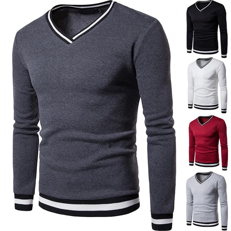 JY85HA COBOY herensweatshirts met effen kleur V-hals en lange mouwen L zwart