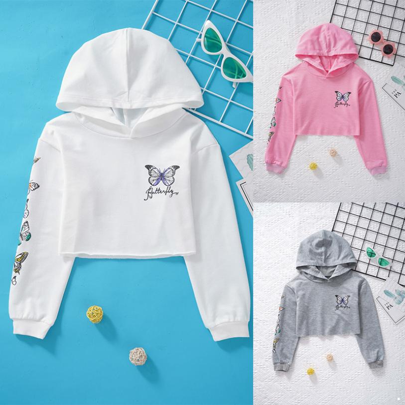 PW96XC Grote meisjes casual sweatshirt met lange mouwen en capuchon, kinderpullover crop tops 11-12 Years grijs