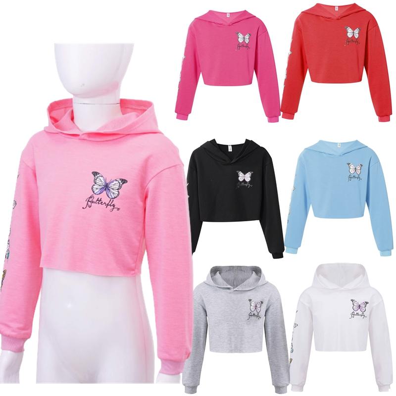 Linjinx Casual sweatshirt voor kinderen, pure kleur, capuchon, lange mouwen, vlinderprint, bijgesneden sweatshirttops 7-8 Years roze