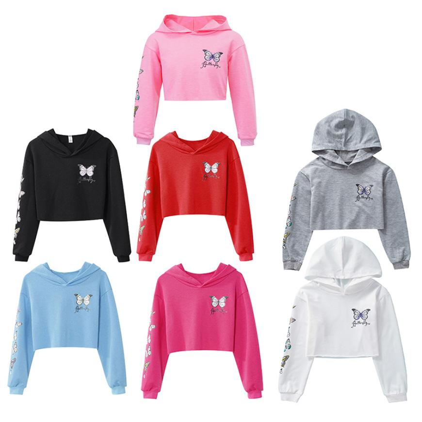 IEFiEL Meisjes vlinderprint crop tops met capuchon jassen kindersweatshirts herfstkleding 7-8 Years roze