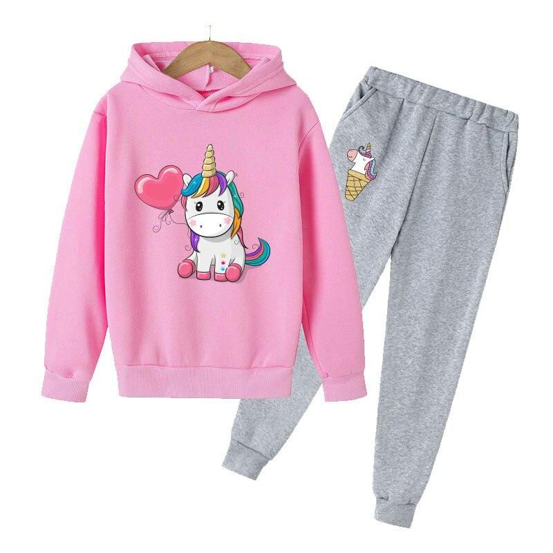 Xuhaijian02 4-14 jaar oude kinderen schattige animatie eenhoorn hoodie kindermeisjes schattig roze logo bedrukte hoodie jongen babykledingset 100