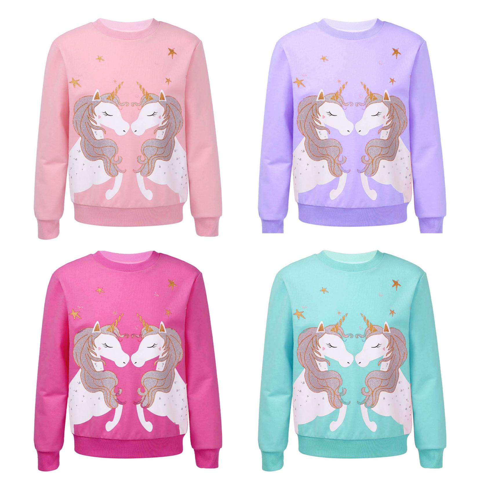 IEFiEL Kinderen meisjes ronde hals lange mouwen glinsterende cartoon paardenprint sweatshirt sporttops 3-4 Years roze