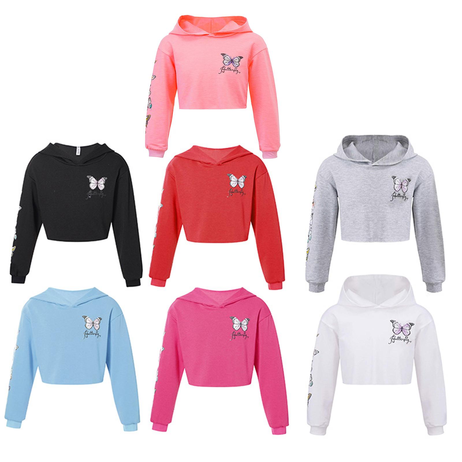 Sywiyi Meisjessweatshirt Vlinder Lange mouw Crop tops met capuchon Kinderhoodies Pullover Tops Street chic 7-8 Years roze