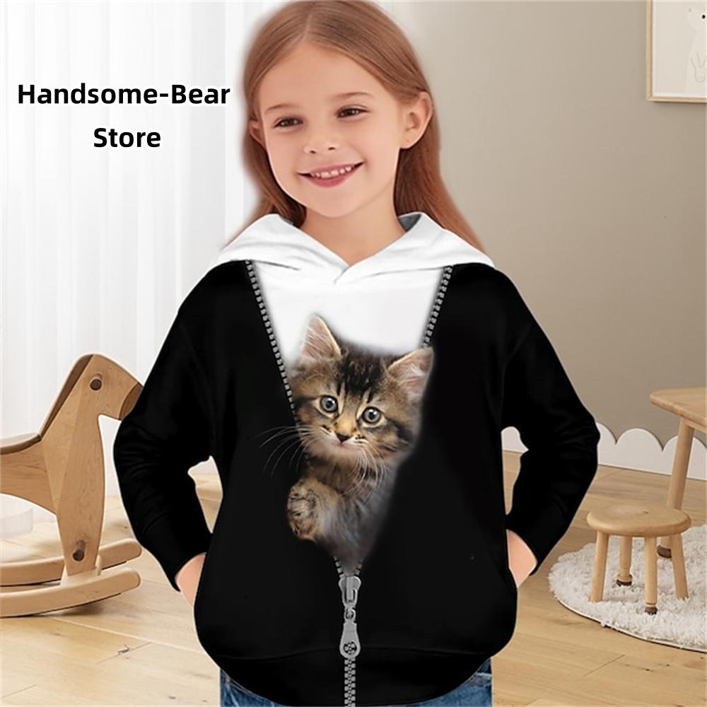 Wendy 3 Meisjes 3D Cat Hoodie Pullover Lange Mouw 3D Print Kinderkleding Mode Kostuums voor Meisjes Top Leeftijd van 2 Tot 12 Jaar 100