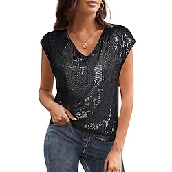 Light in the box Dames Overhemd Blouse Basic Casual Effen Kleur Normale tops Mouwloos V-hals Pailletten Normale pasvorm Dagelijks Zwart Wijn Zomer Lente