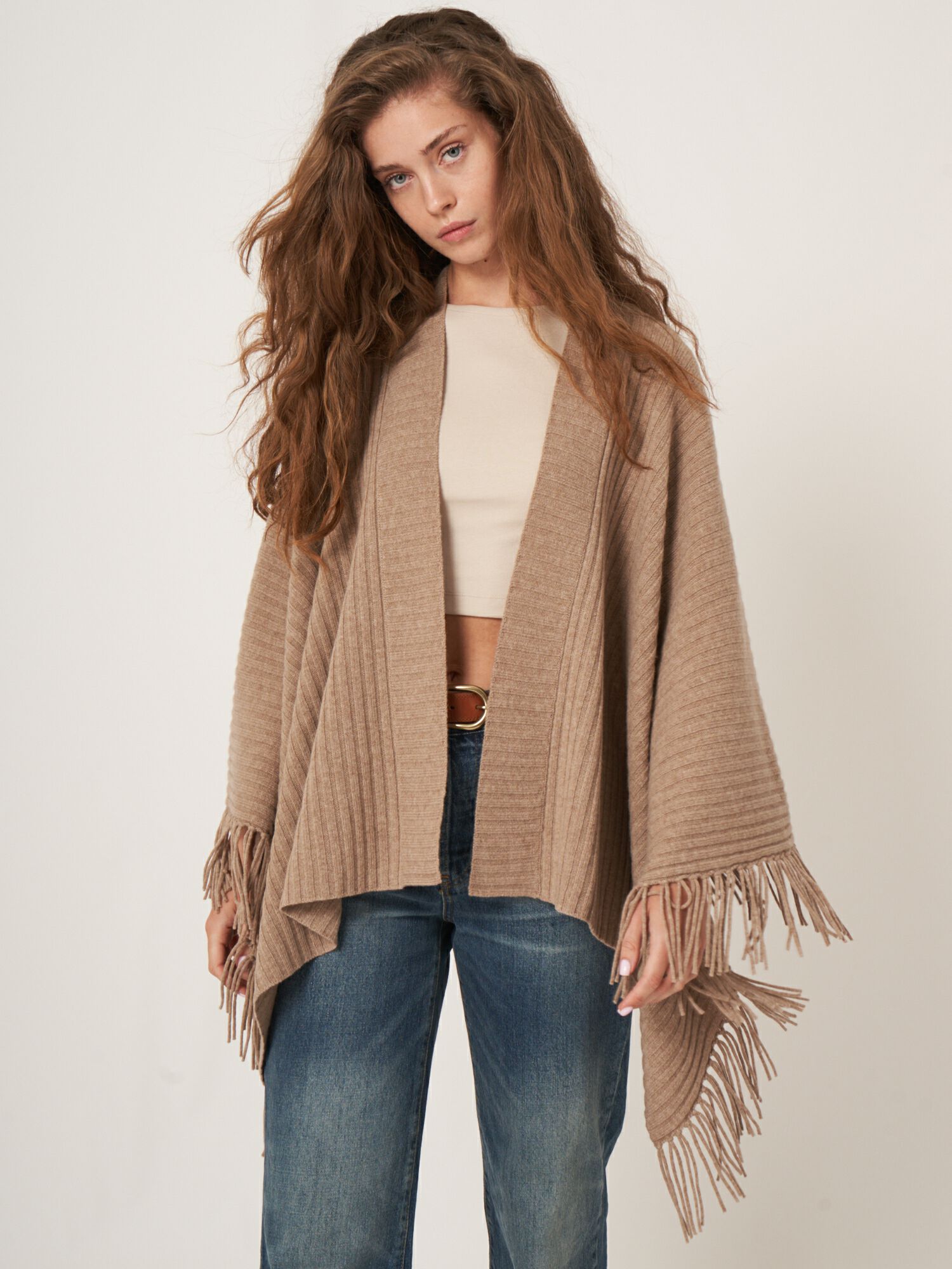 REPEAT cashmere Gebreide cape met franjes