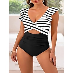 Light in the box Dames Zwemkleding Een stukje Monokini Zwempak Blote rug Buikcontrole Hoge taille Slank Vakantie Strand Kleding Gestreept V-hals Mouwloos Badpakken