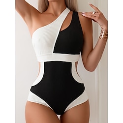 Light in the box Dames Zwemkleding Een stukje Monokini Zwempak Blote rug Buikcontrole Hoge taille Slank Vakantie Strand Kleding Effen Kleur Asymmetrische nek Mouwloos Badpakken