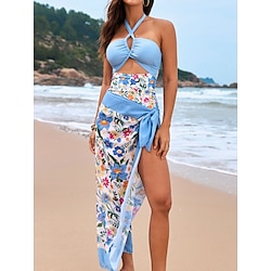 Light in the box Dames Zwemkleding Een stukje 2 stuks Monokini Rok Zwempak Blote rug Buikcontrole Hoge taille Slank Vakantie Strand Kleding Bloemig Halternek Mouwloos Badpakken