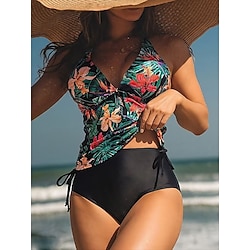 Light in the box Dames Zwemkleding Tankini 2 stuks Onderbroeken Zwempak Blote rug Hoge taille Vakantie Strand Kleding Bloemig Bladeren V-hals Mouwloos Badpakken