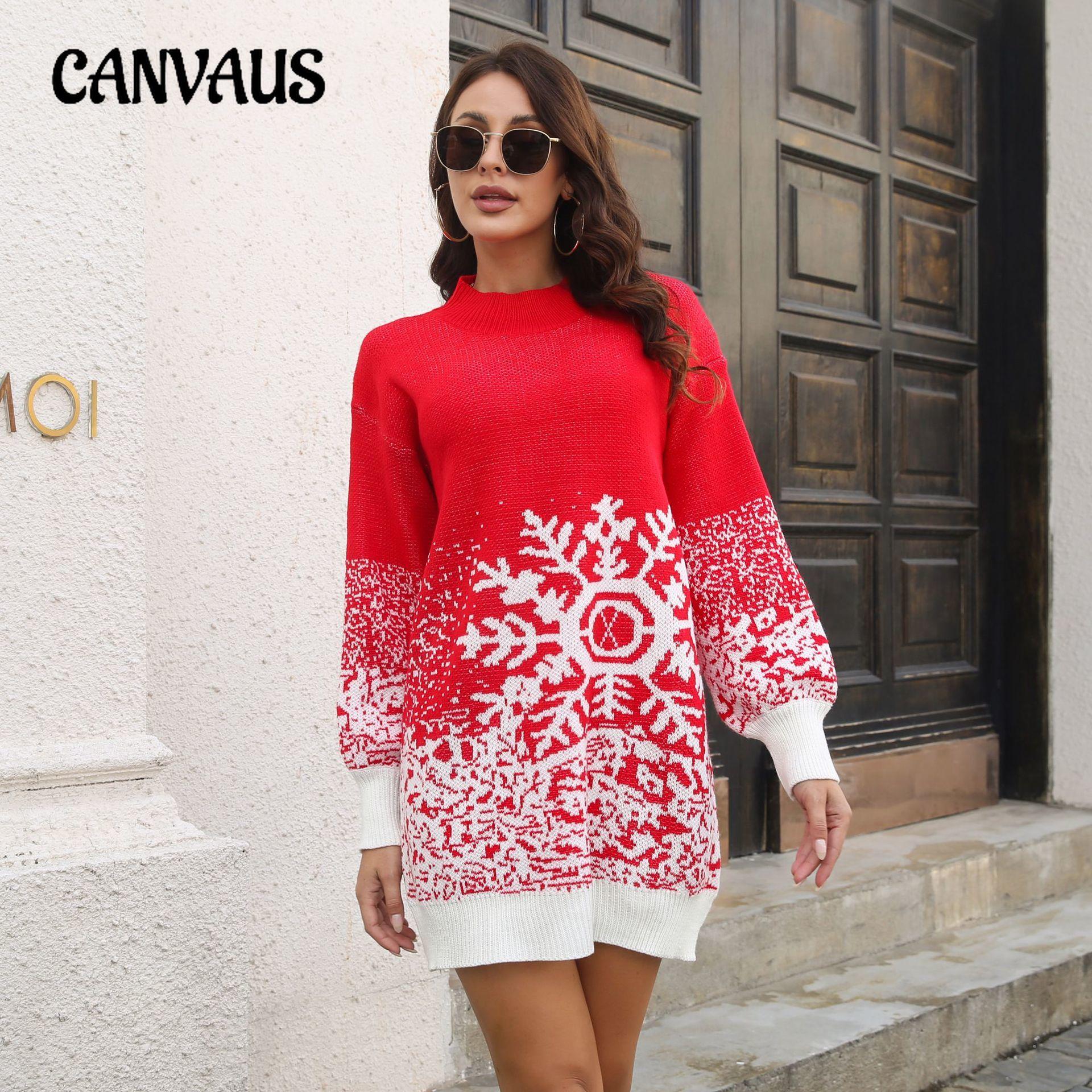 CANVAUS Damesjurk voor herfst en winter Kerstsweaterjurk Sneeuwvlokjacquard losgebreide jurk met lantaarnmouwen S rood