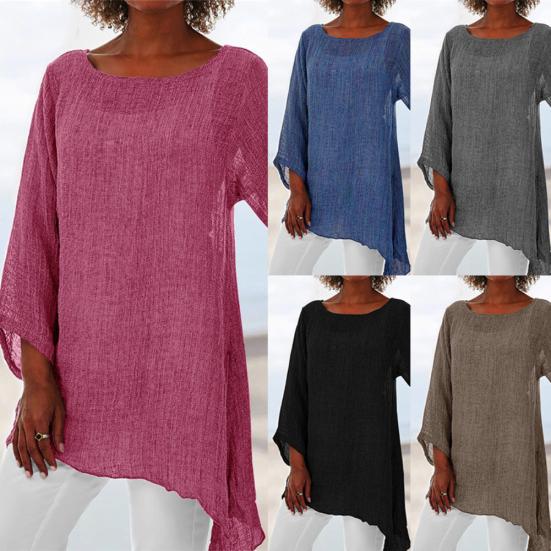 Worldly Boutique Plus Size Dames Effen Kleur Linnen O-hals Lange mouw Onregelmatige Tuniek Top T-shirt XXXXXL blauw