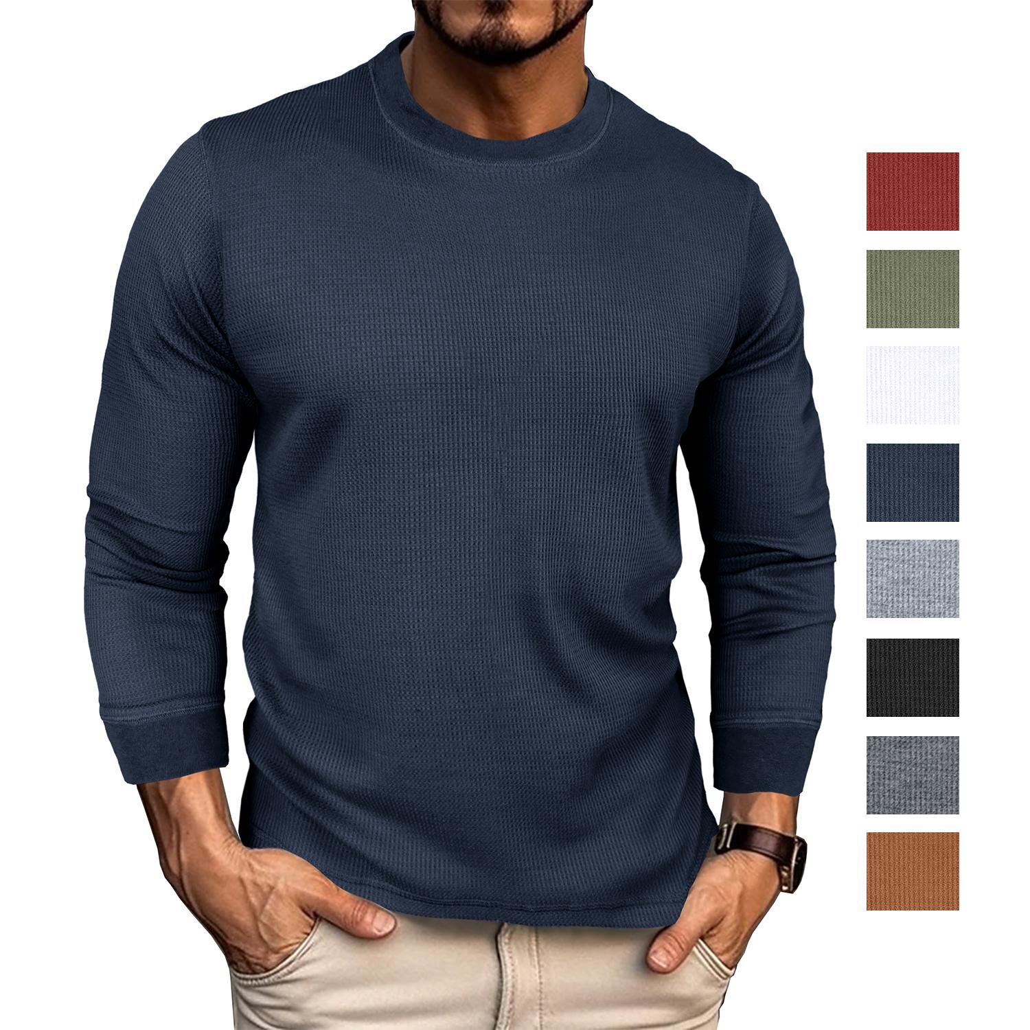 Bright Deer Herentruien T-shirt Wafel Lange mouwen Ronde hals Overhemden Comfortabel Basic Hemd Ruimvallend Informeel Warme kleding S marineblauwe kleur