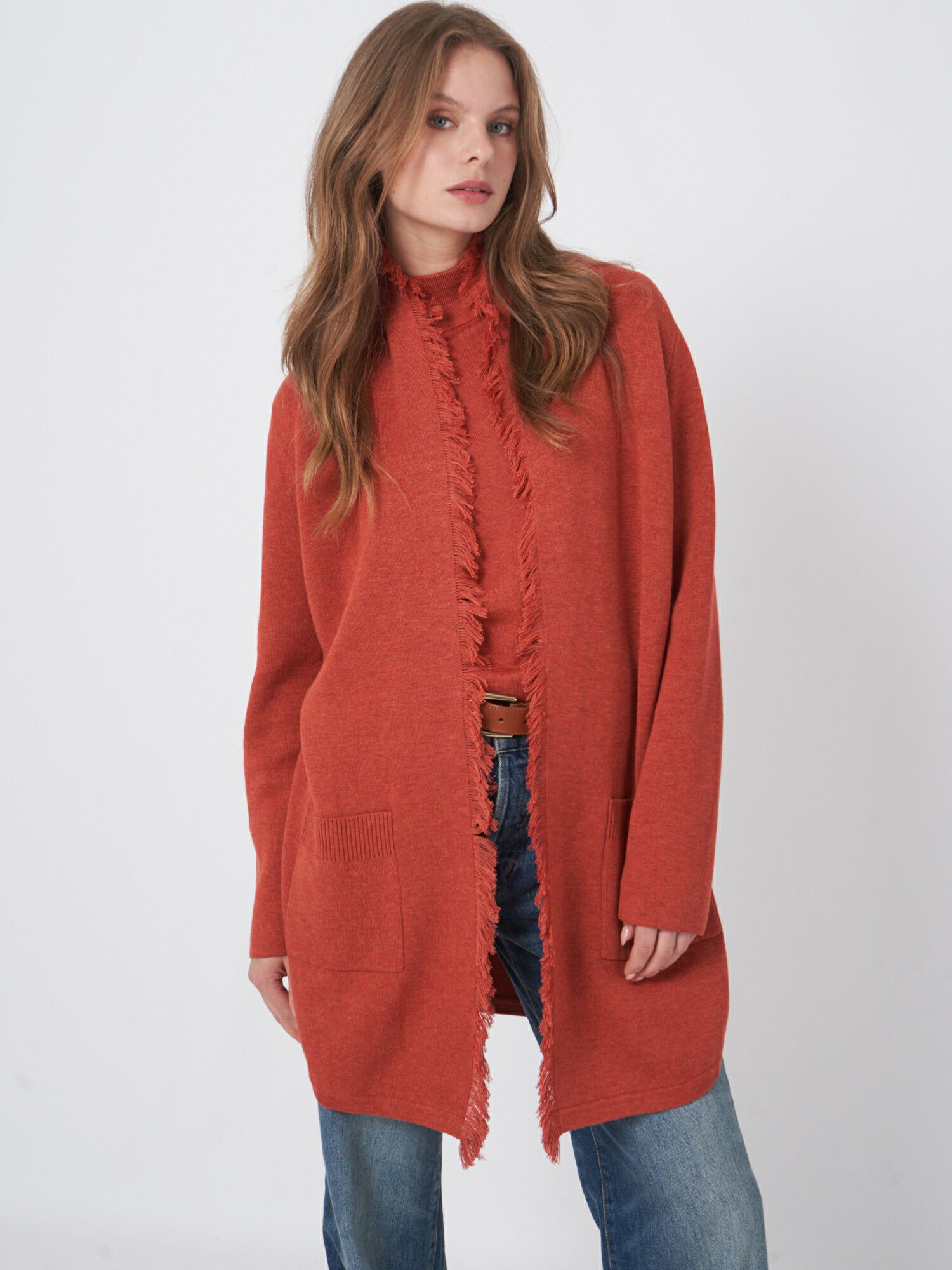 REPEAT cashmere Open cardigan met sjaalkraag met franjes