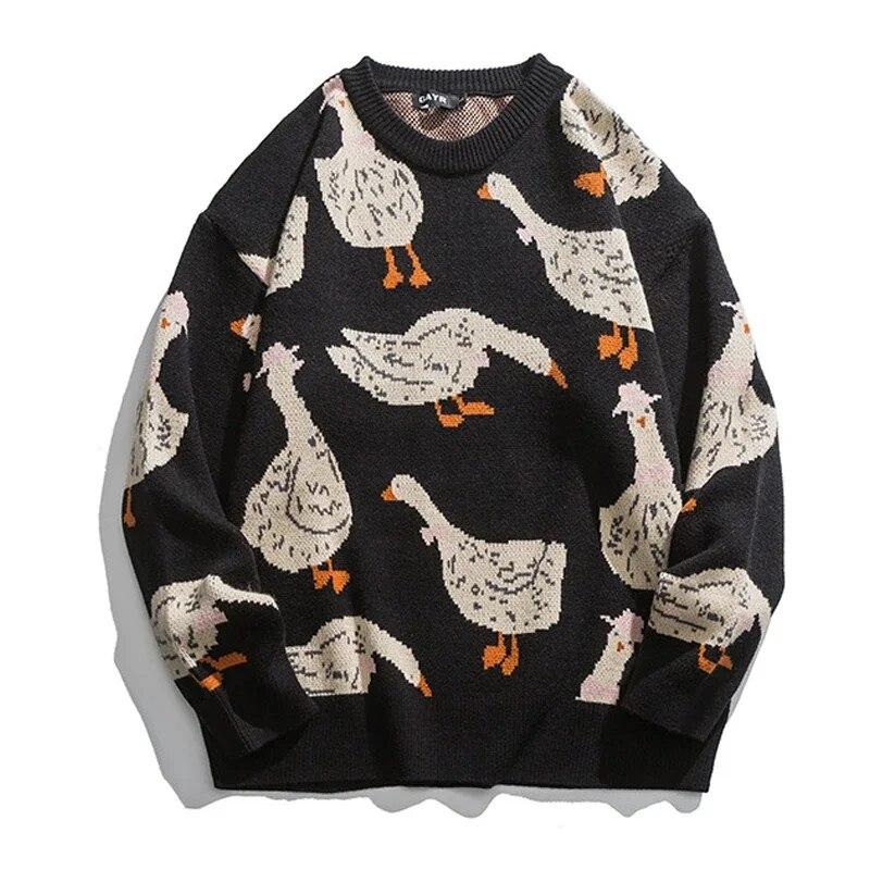 NICE2CU Japanse gebreide trui mannen cartoon dier eend gans print trui harajuku casual o-hals oversize top streetwear unisex herfst M zwart