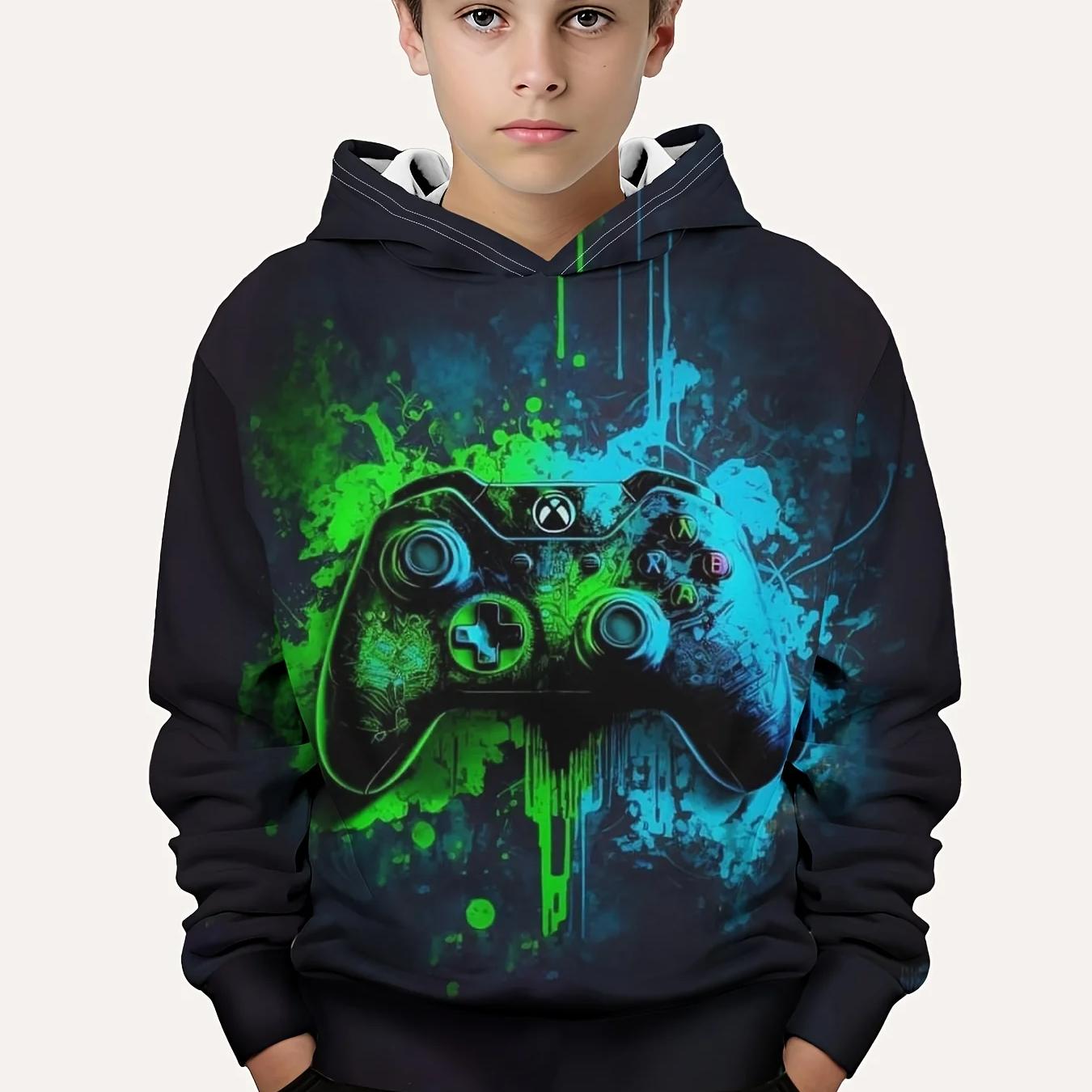 ETST 07 mode kleurblok gamepad 3d print leuke en gezellige hoodie voor kinderen jongen houd hem warm en stijlvol kind capuchon trui tops kleding 100