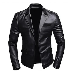 Light in the box heren pu leren blazer jas zwart kantoor werk blazer jas mode casual polyester imitatieleer enkelrijs blazer