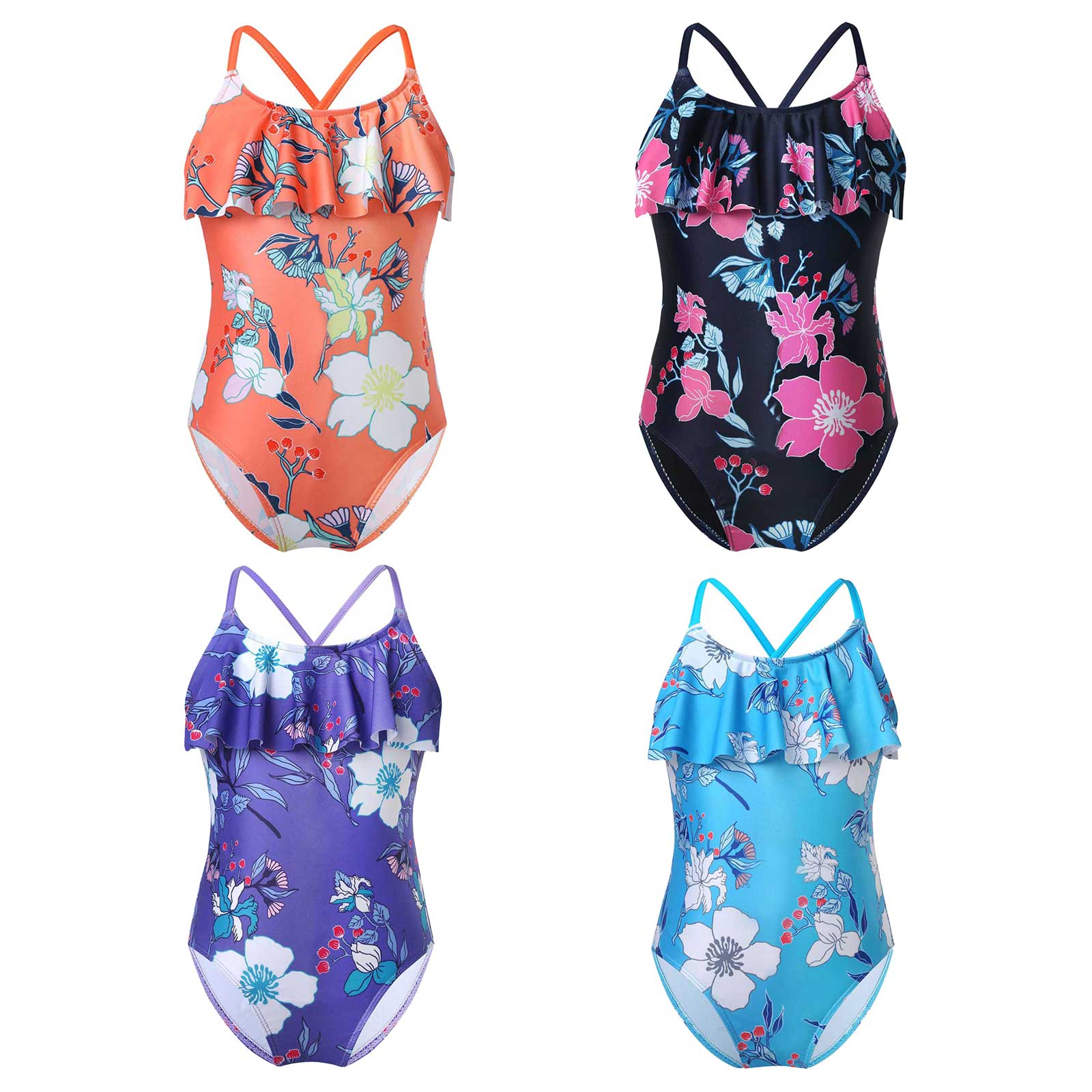 IEFiEL Leuke zomer kinderen baby meisje badmode bloem print ruche mouwloos zwemmen badpak vakantie strandkleding een stuk bodysuit 7-8 Years oranje