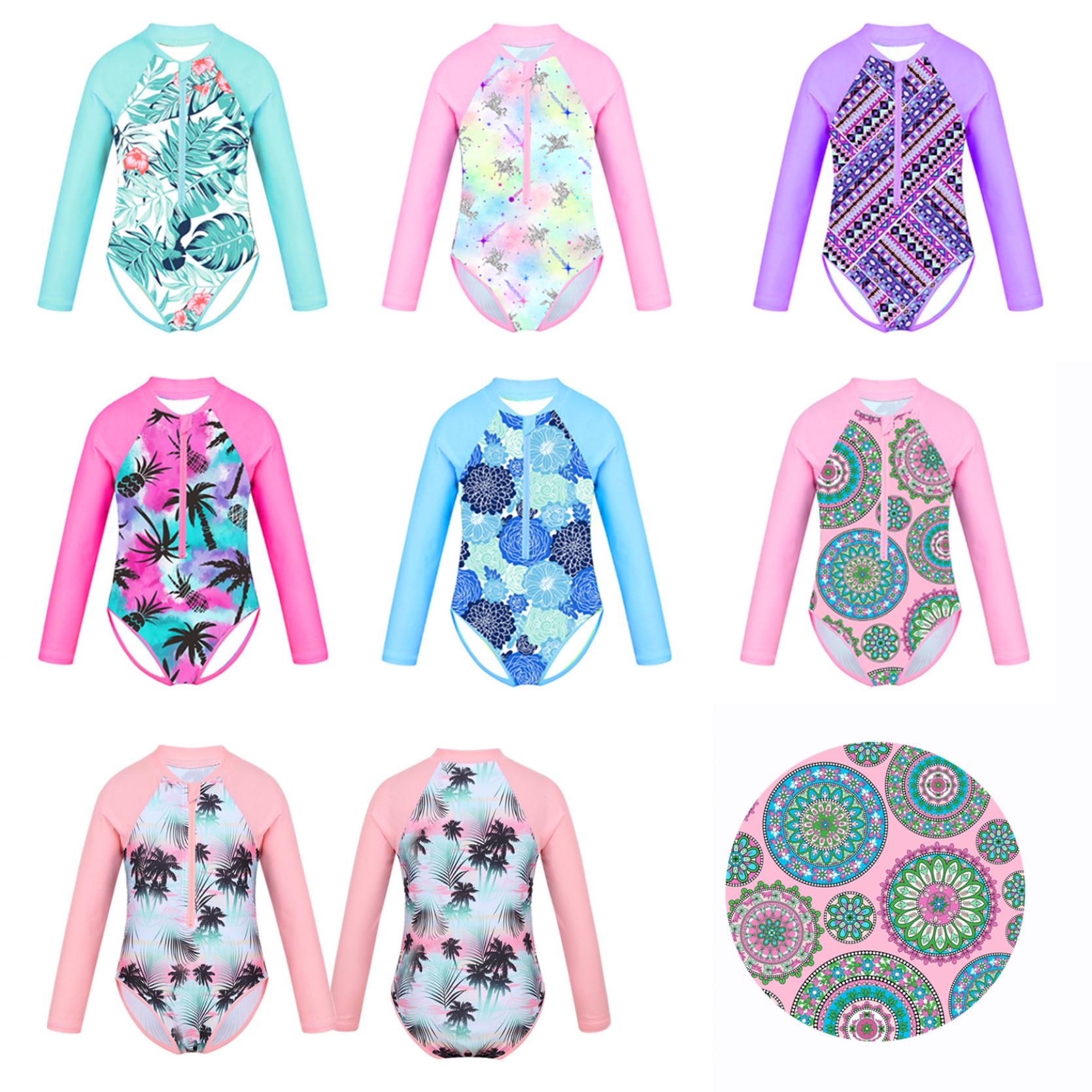 IEFiEL 2 Kinderen Meisjes Kinderen Badmode Strandkleding Lange mouwen Palm Gedrukt Badpak met Ritssluiting Kinderen Zwemmen Badpak Rash Guard 3-4Years roze