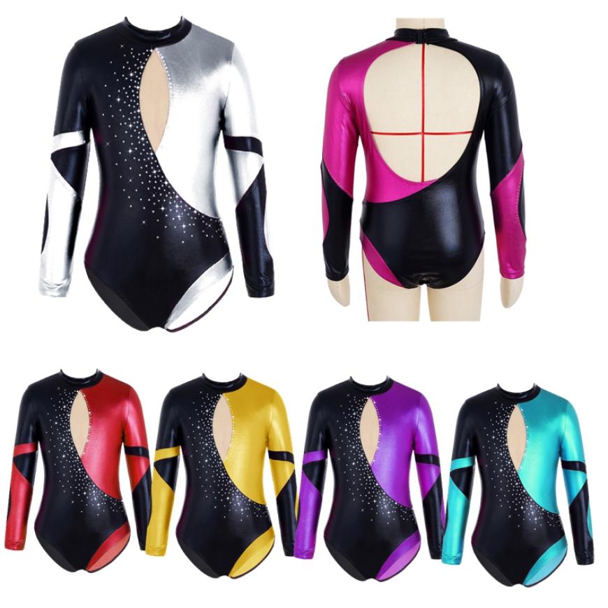 IEFiEL Kids Girls Colorblock Ronde Hals Shiny Diamonds Versierd Mesh Patchwork Dans Turnpakje voor Training Wear 5-6 Years zwart/helder roze