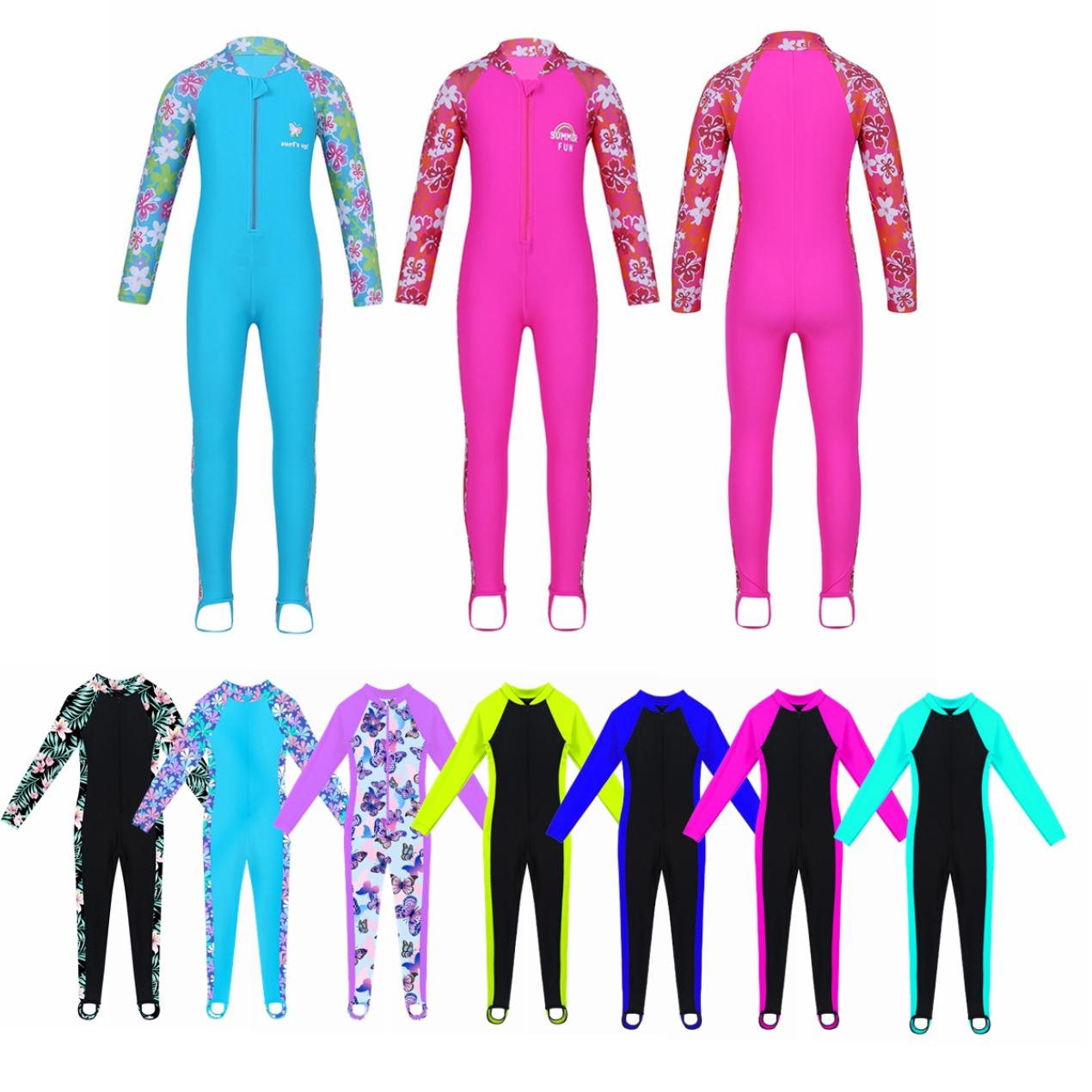 IEFiEL Kinderen eendelig zwempak met lange mouwen, unisex meisjes badmode, Rush Guard badmode wetsuit 7-8 Years zwart/roze