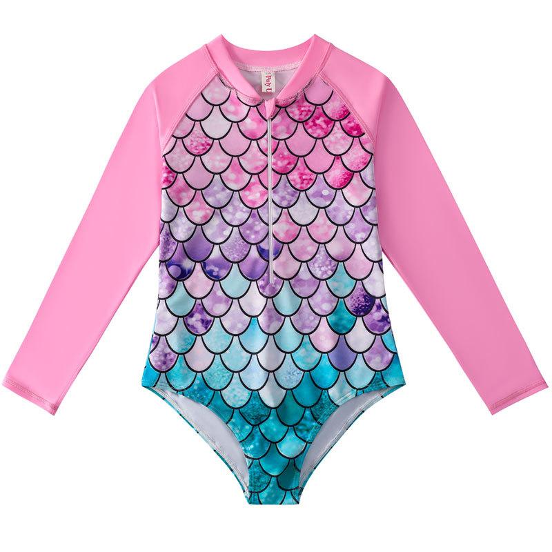 RichBaby 2023 Zomer 3-12 Jaar Meisjes Lange Mouw Badpak Eendelig Badpak Rits Upf 50 + Rashguard Badmode 100 roze