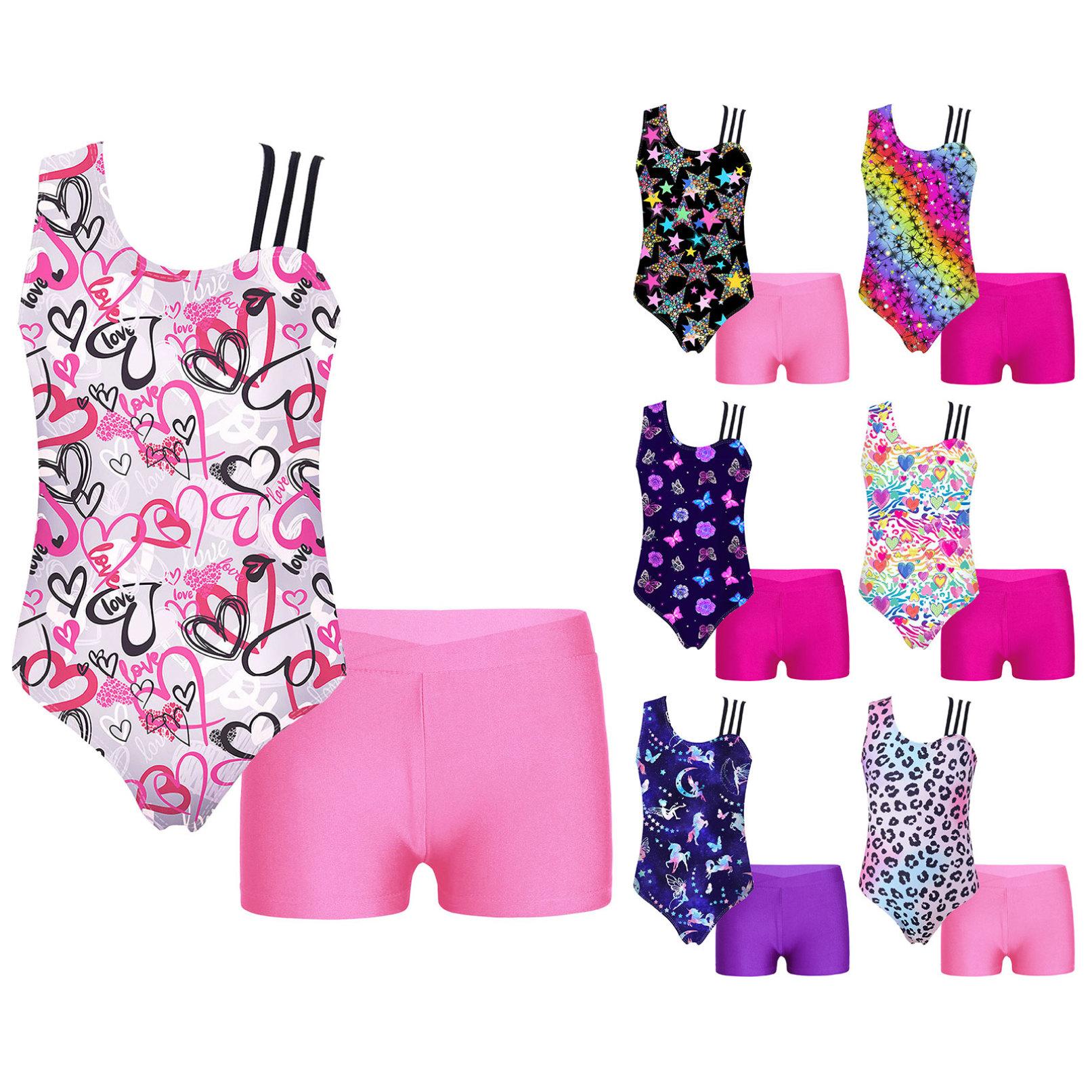 WinYing Atletische zwemkleding 2 stuks gymnastiek turnpakje shorts voor meisjes balletdanstop uit één stuk met buitshorts 3-4 Years roze/zwart