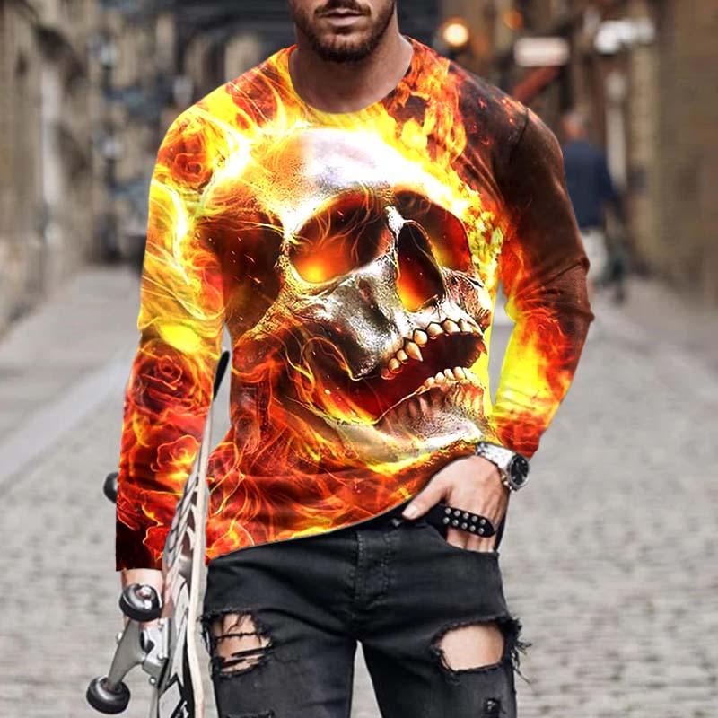 ETST WENDY 005 Mode Nieuwe mannen T-shirt 3D Vlam Schedel Print Grafische t-shirts Lange Mouw Ronde Hals Herenkleding Straat trend y2k tops S