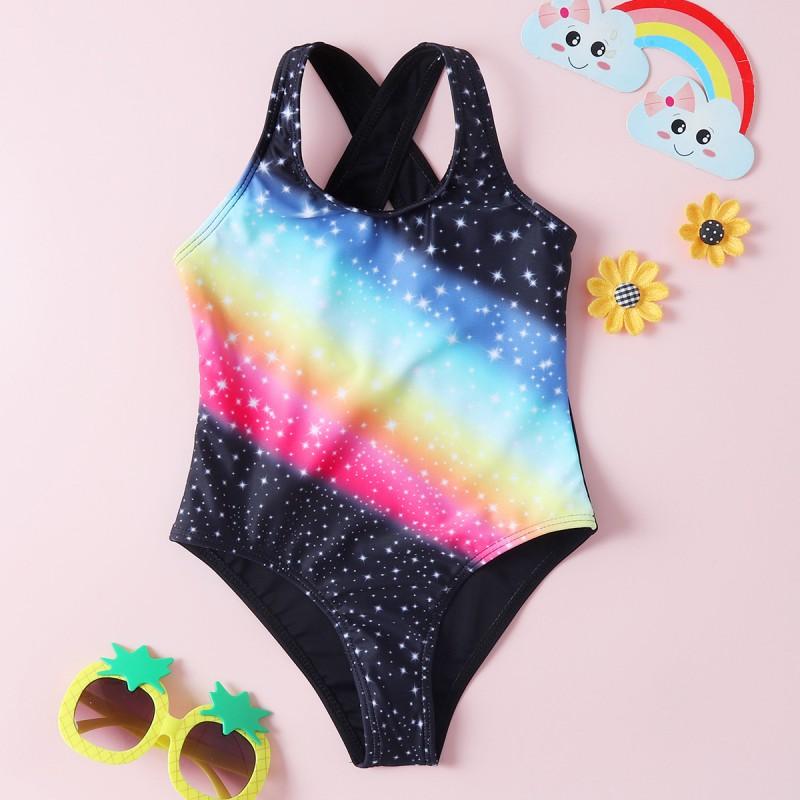 Kidsyuan Print meisjes kriskras zomer Siamese badpak bloemenprint regenboog schattige meisjes badmode badpak voor meisjes 150/10Y