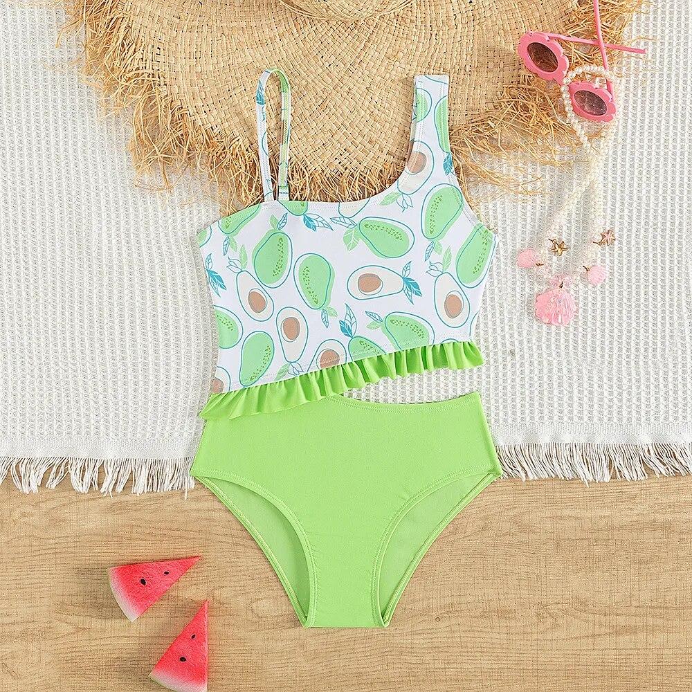 Fox Swimwear Groene meisjesbadpakken met avocado-print 5-14 jaar Citroenprint gele kinderbadkleding Kinderbadpak Strandkleding 5-6 years old groen