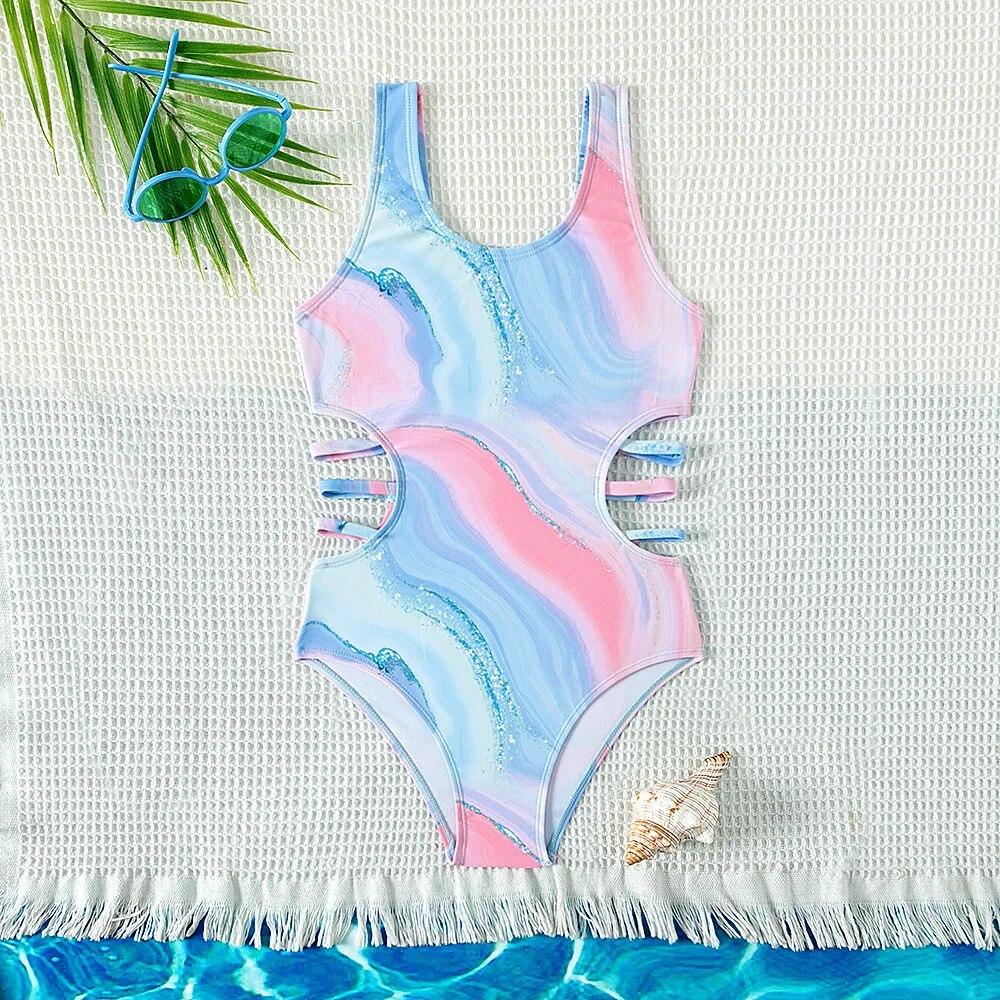 Fox Swimwear Nieuw ontwerp kinderen blauwe tie-dye print strandkleding eendelig badpak voor tienermeisjes badmode badpakken 5-15 jaar 5-6 years old blauw