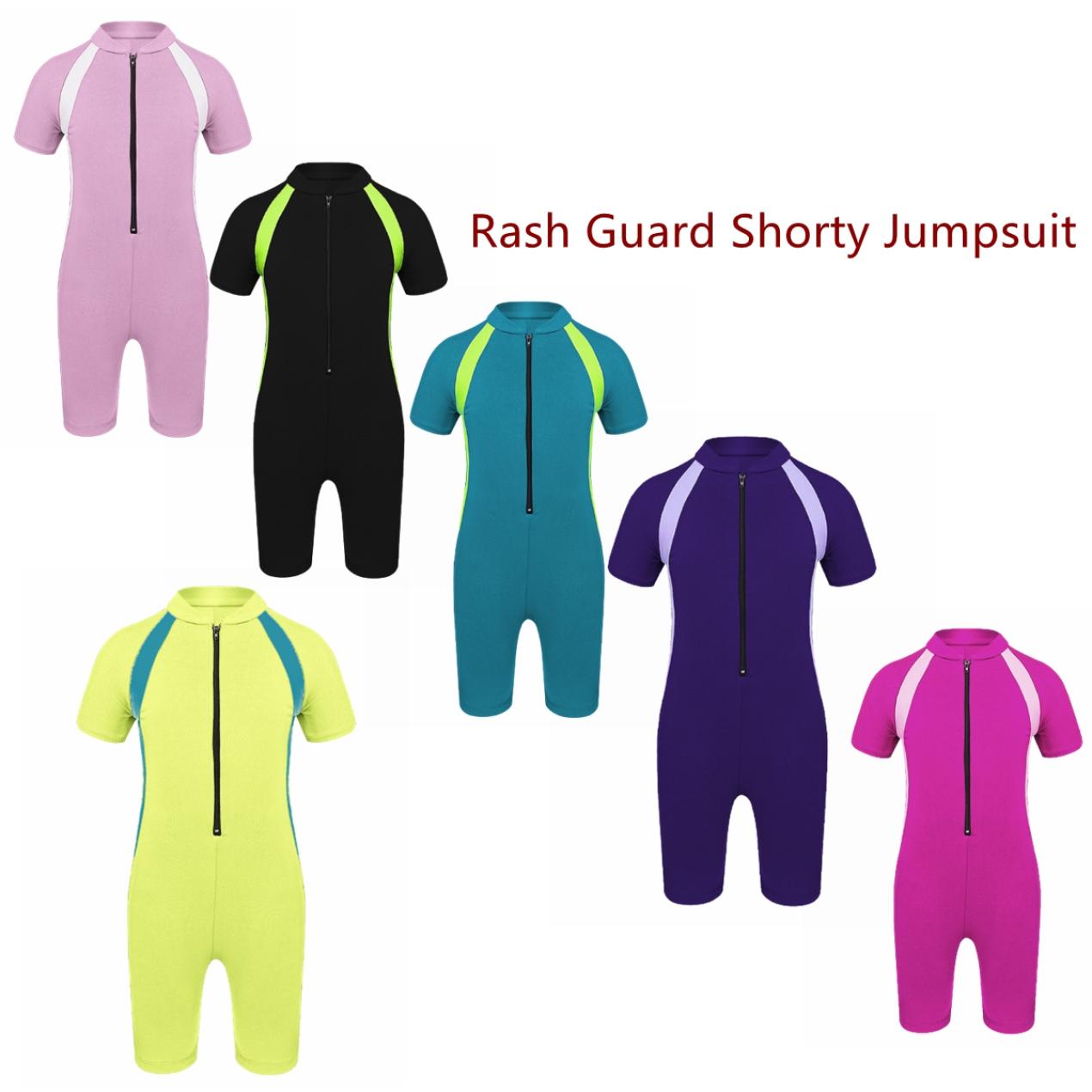 IEFiEL Kinderen Meisjes Shorty Wetsuit Eendelig Rash Guard Zwempak Korte mouw Sunsuit Zwemmen Duiken Zwemkleding 7-8 Years zwart/rood