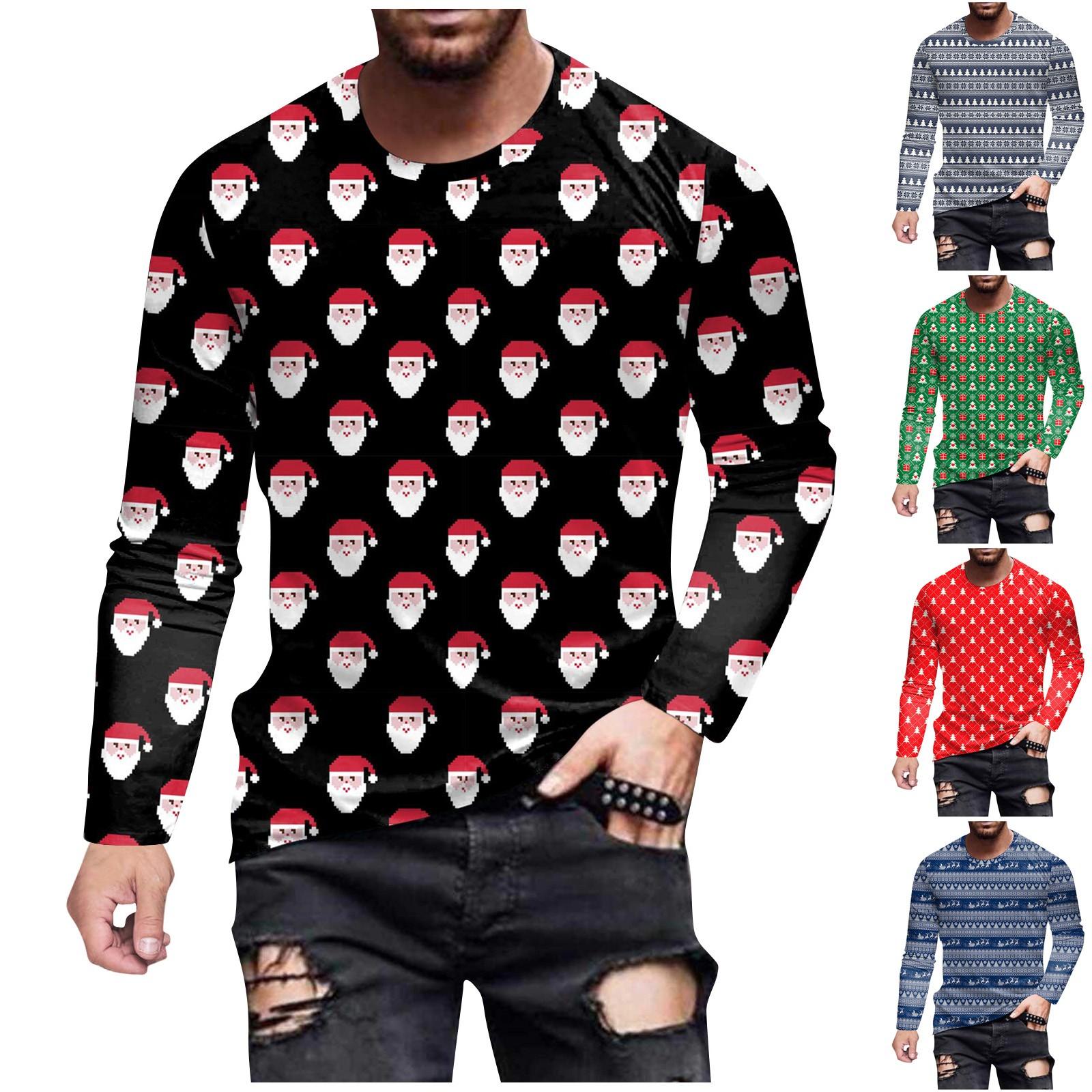 Timoduizhang Herenmode casual kerst bedrukte shirts met lange mouwen en O-hals tops blouse L zwart