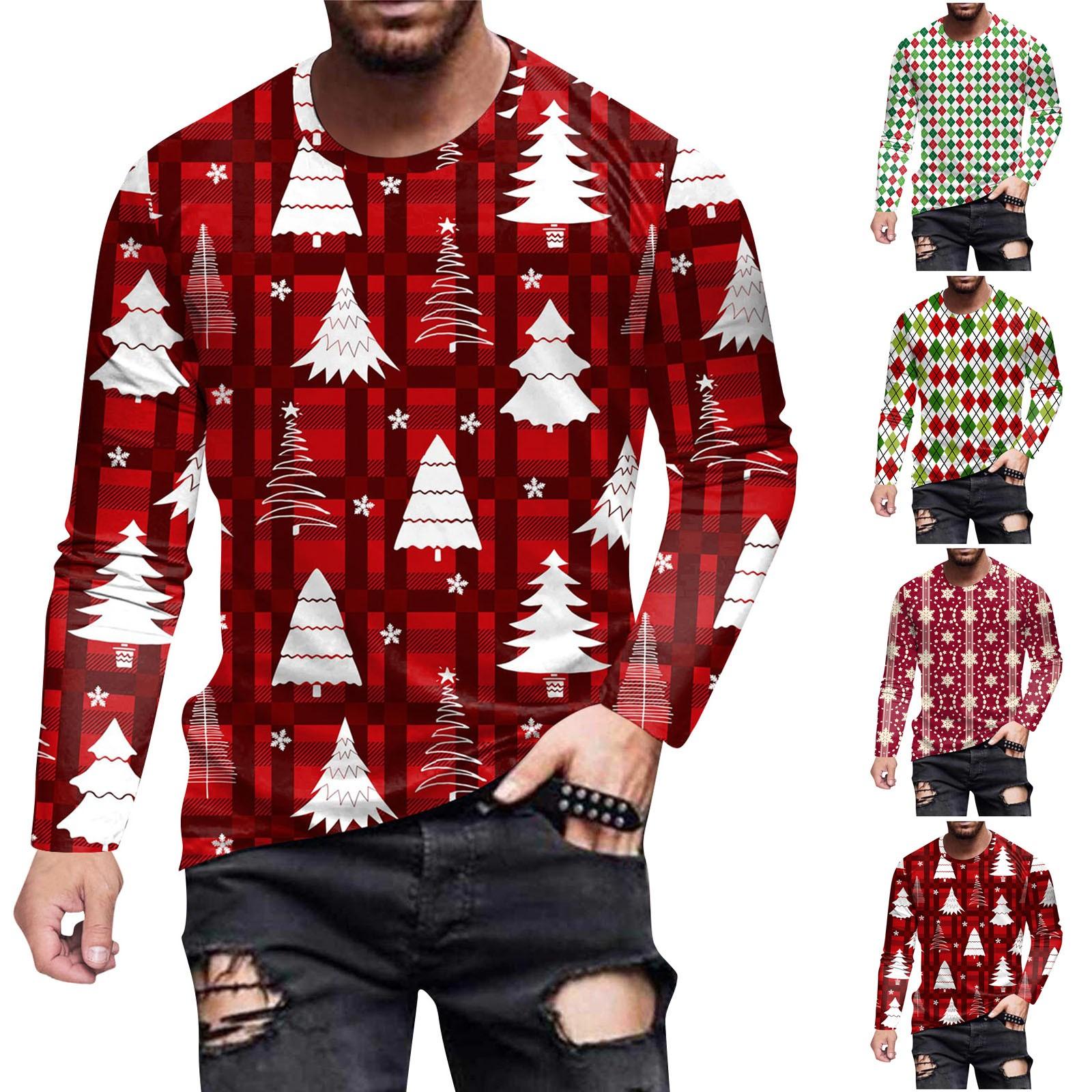 Timoduizhang Herenmode casual kerst bedrukte shirts met lange mouwen en O-hals tops blouse L rood