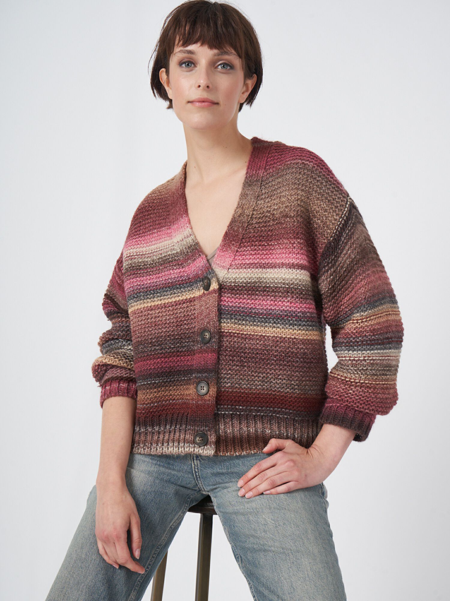 REPEAT cashmere Meerkleurige gestreepte cardigan met knopen