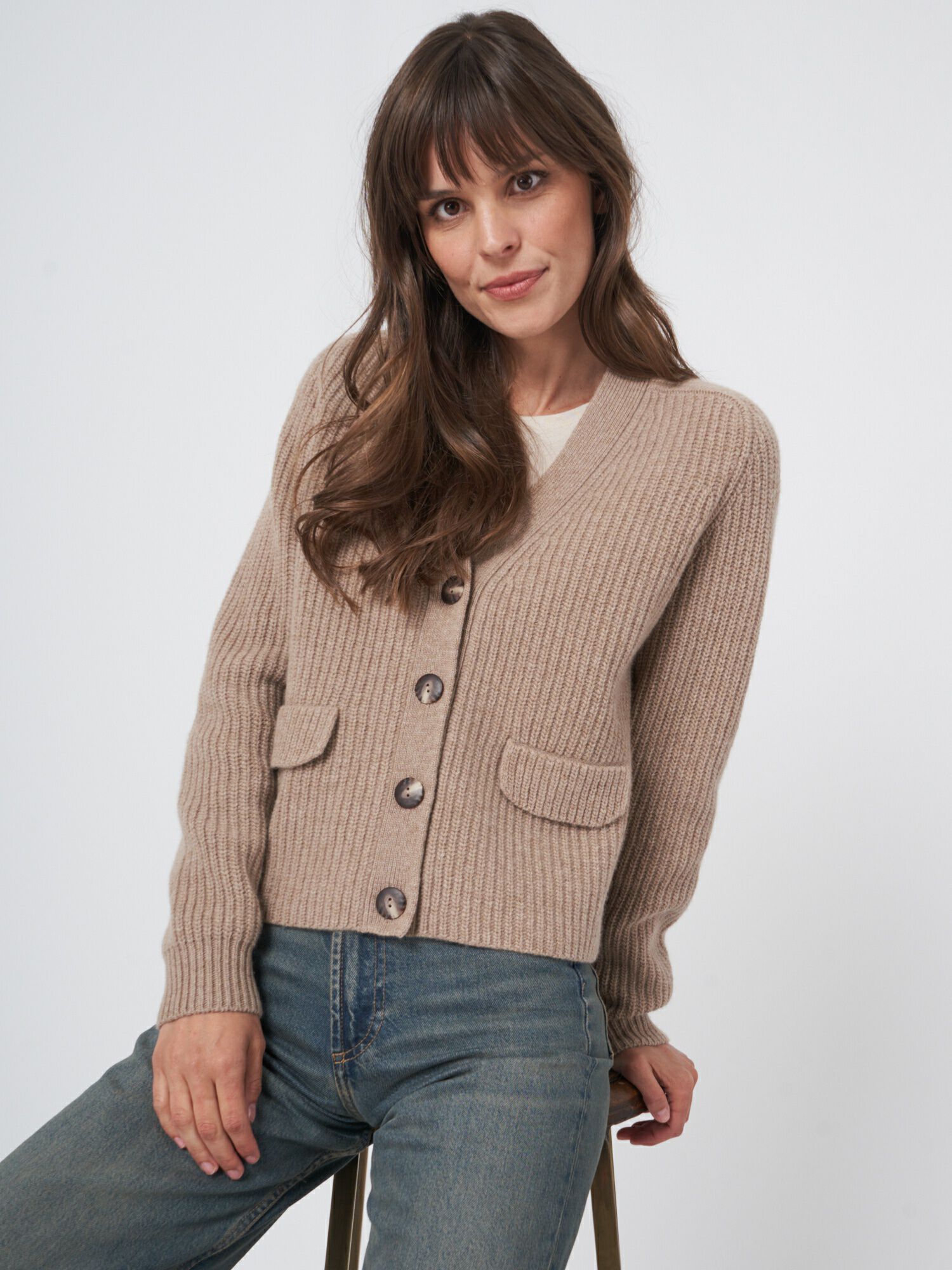 REPEAT cashmere Korte ribgebreide cardigan van Italiaanse wol