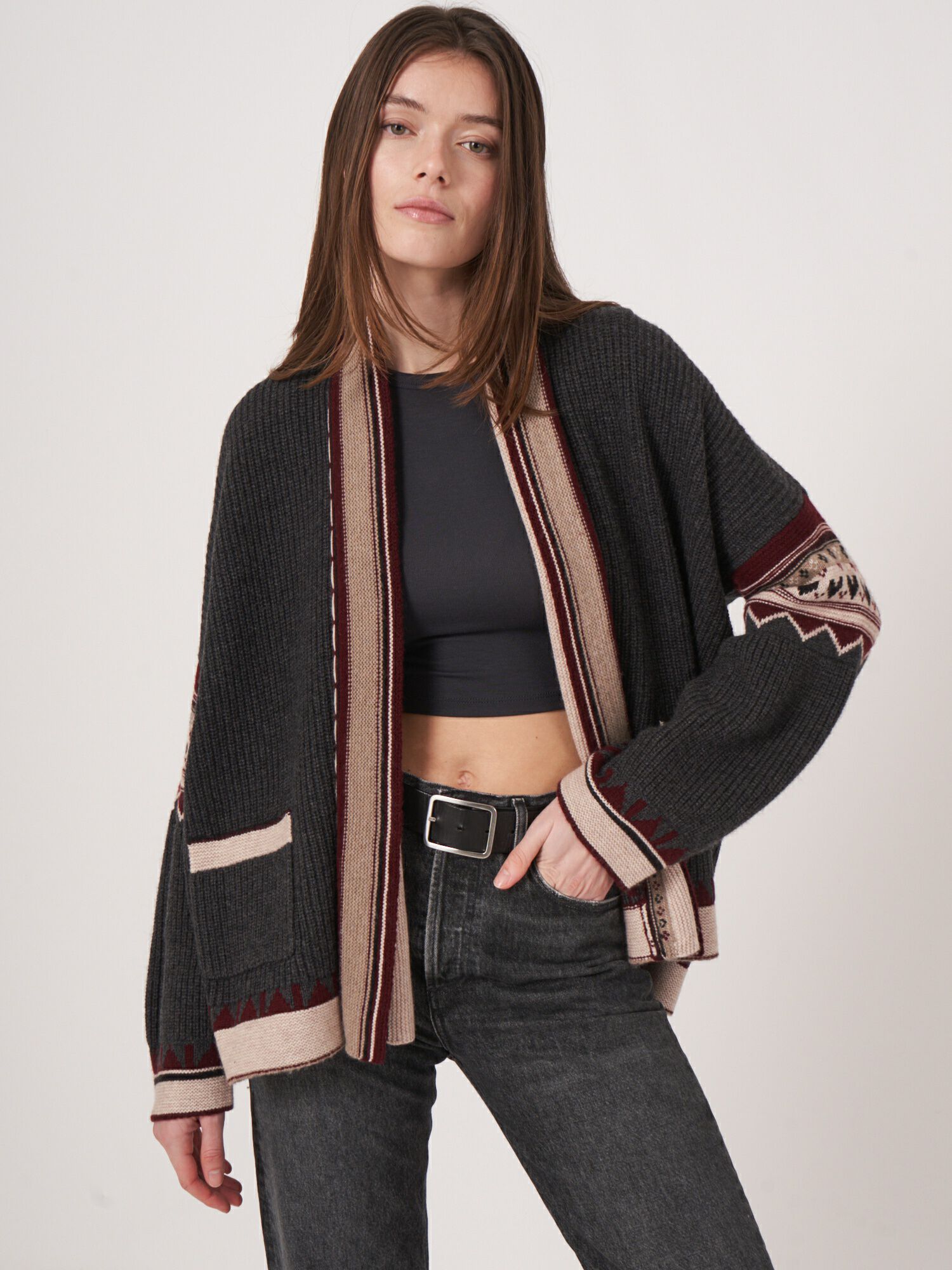 REPEAT cashmere Open intarsia cardigan van cashmere mix