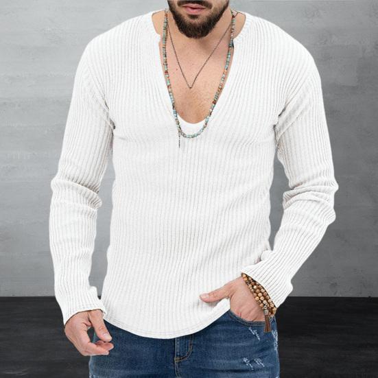 Youkeme Mannen gebreide trui diepe v-hals geribbelde lange mouwen effen kleur slim fit zachte warme herfst winter casual mannelijke trui top sweatshirt gebreide kleding M wit