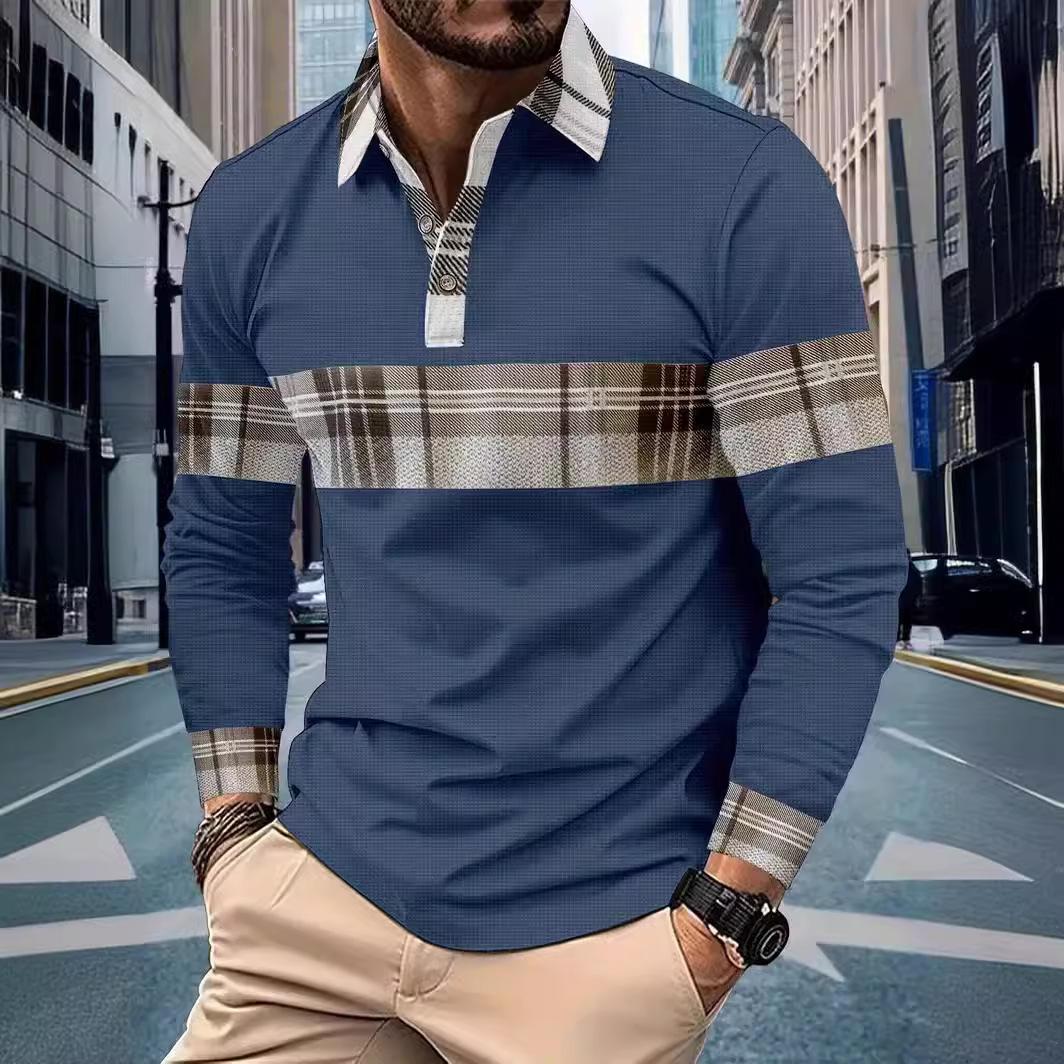 Fashion human Nieuwe heren casual polo shirt lange mouwen kleur blok geruite knoop wafel print lange mouwen trui tops S blauw