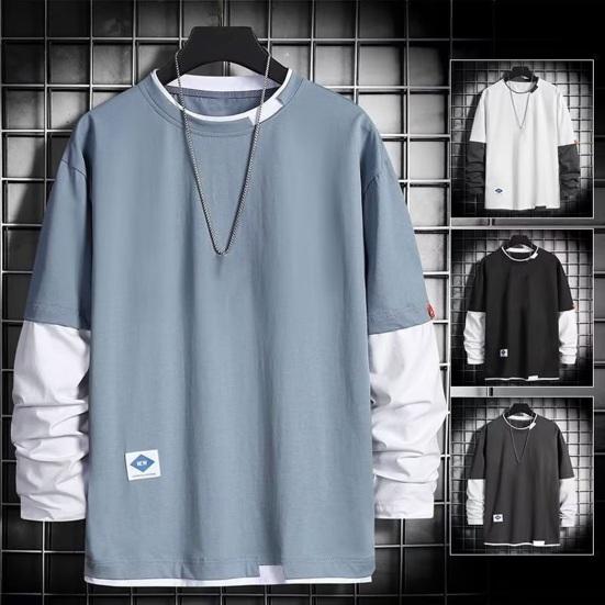 Shenglian Mannen herfst winter top nep tweedelig patchwork kleuraanpassing losse trui ronde hals lange mouw zacht streetwear hiphop casual heren sweatshirt 2XL grijs