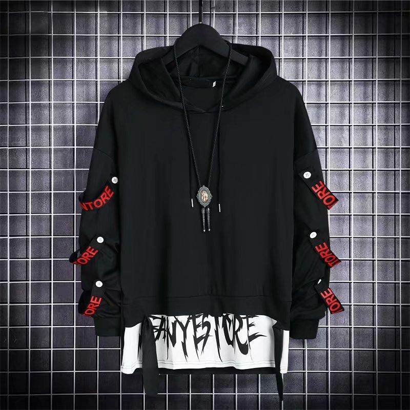 Topmall Herfst heren hoodie sweatshirt casual zwarte hoodies tops techwear hiphop harajuku patchwork japanse streetwear mannen L zwart