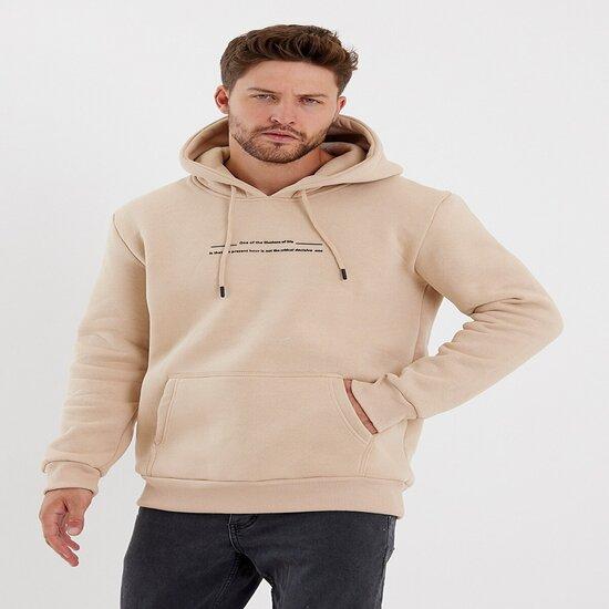 VeramoniCloths Erkek Slim Fit Baskılı Kapüşonlu Sweatshirt Bej s