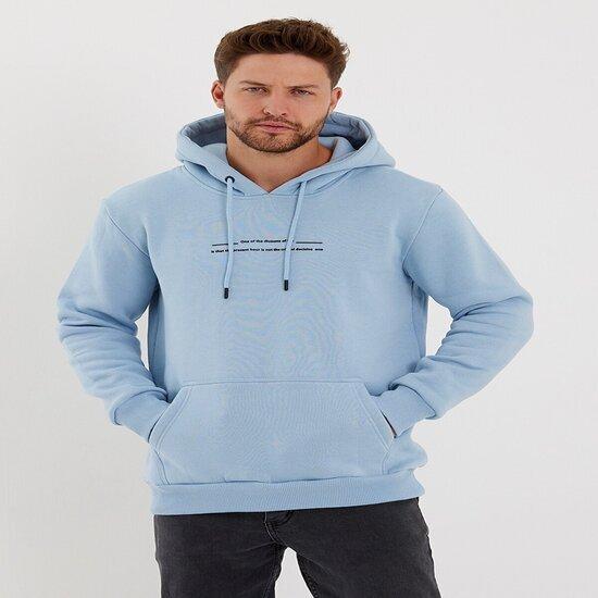 VeramoniCloths Erkek Slim Fit Baskılı Kapüşonlu Sweatshirt Mavi s